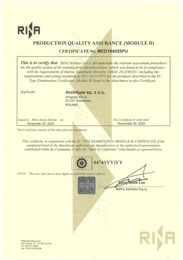 GRANDEX. Certificat de control al producției RINA MED184025PU